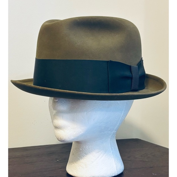 Classic 1950s 1960s Fedora in Olive-Brown  with Black Band-Size 7 3/8 - Picture 1 of 11